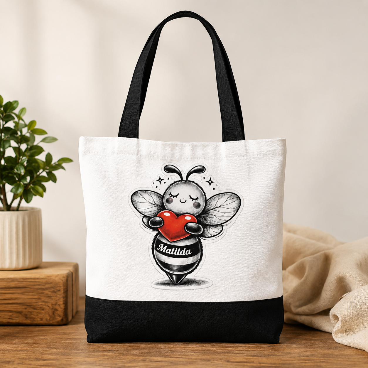 Matilda Bee Canvas Tote Bag - White/Black - B&W Edition