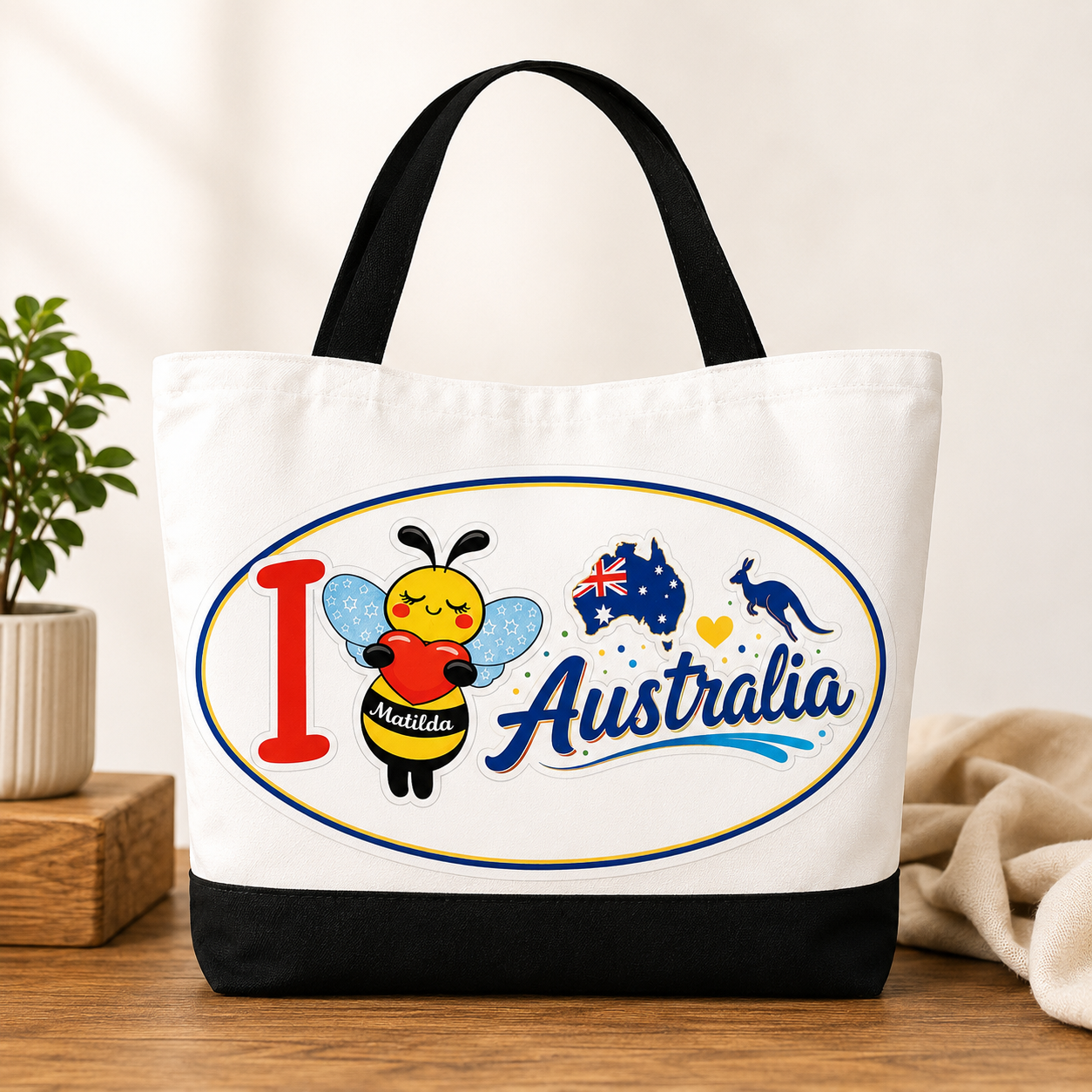 Matilda Bee Canvas Tote Bag - White/Black - I 🐝❤️🐝 Australia