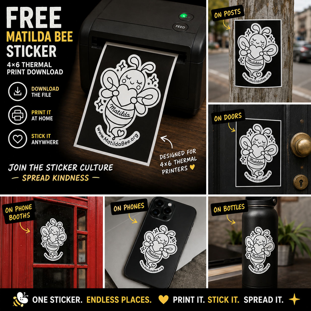 Free Matilda Bee Sticker – 4×6 Thermal Print Download