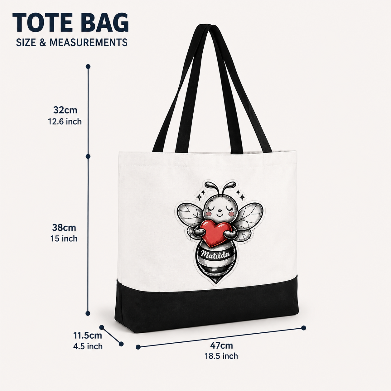 Matilda Bee Canvas Tote Bag - White/Black - B&W Edition