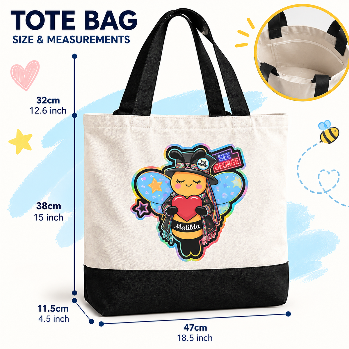 Matilda Bee Canvas Tote Bag - White/Black - Bee George