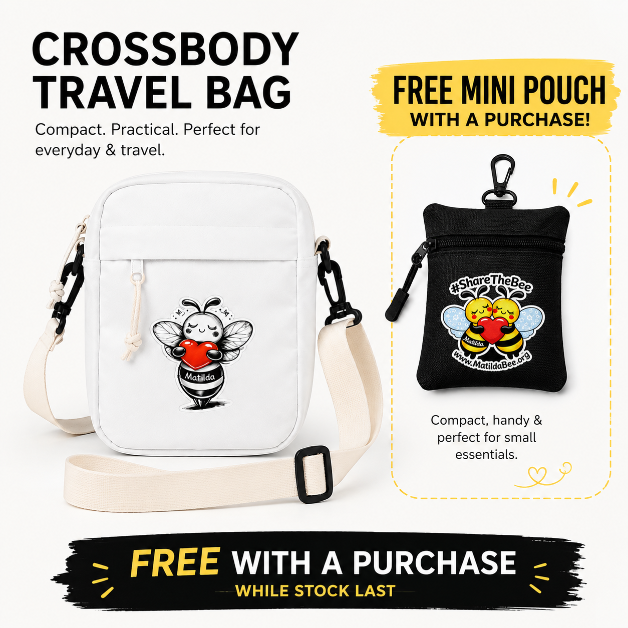 Matilda Bee Crossbody Travel  Bag - White - B&W Edition
