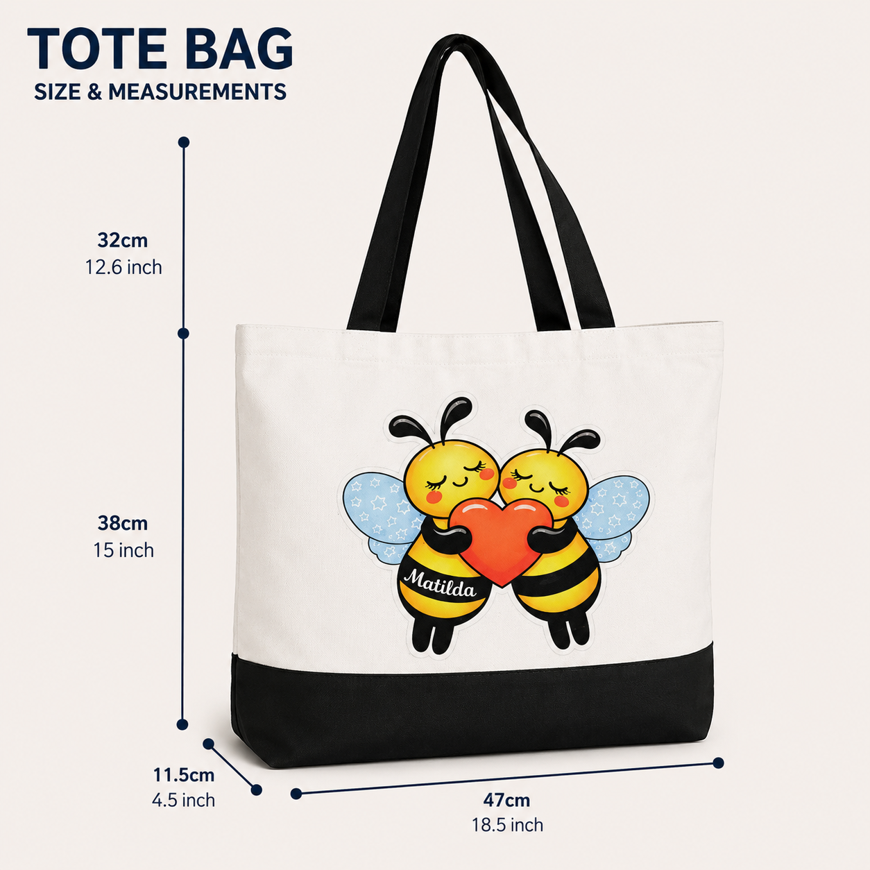 Matilda Bee Canvas Tote Bag - White/Black - Bees Share Heart