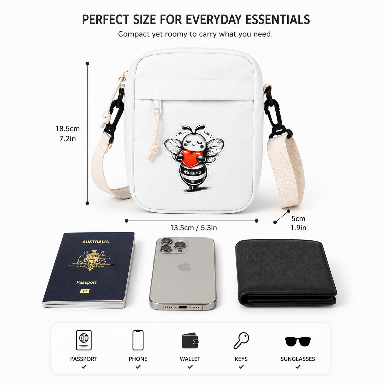Matilda Bee Crossbody Travel  Bag - White - B&W Edition