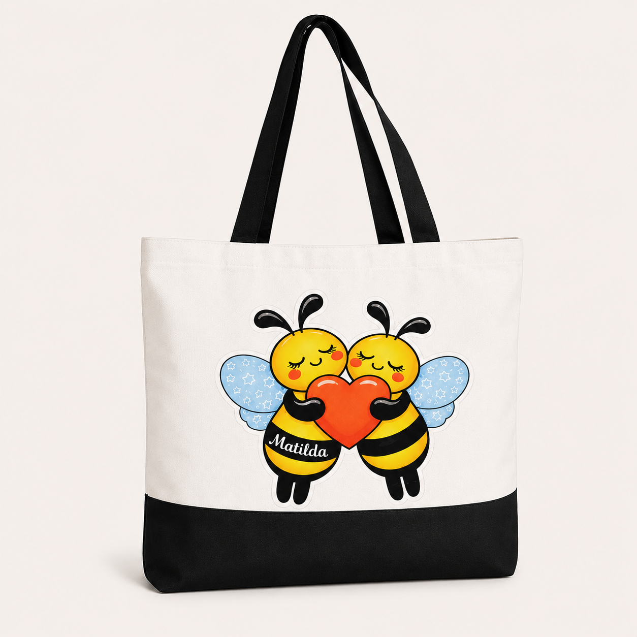 Matilda Bee Canvas Tote Bag - White/Black - Bees Share Heart