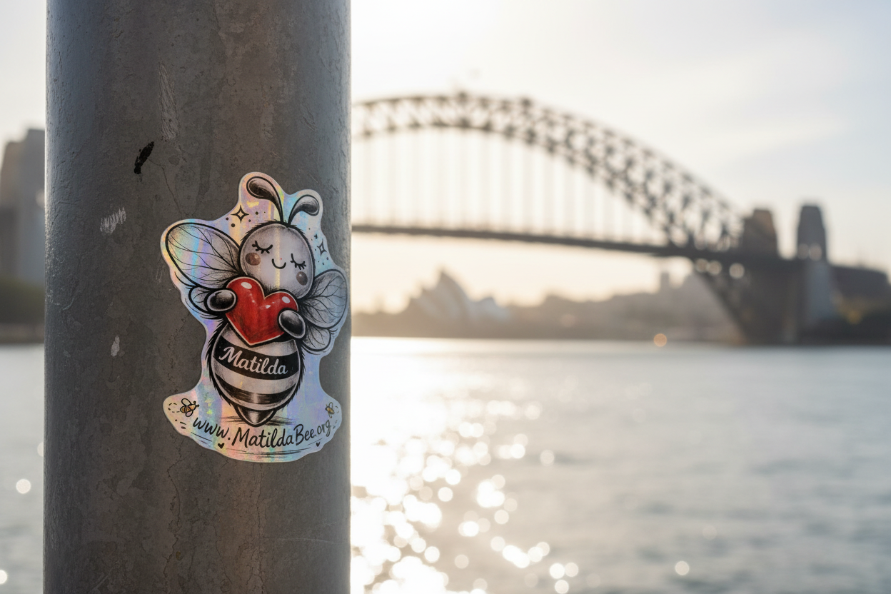 Sticker on post with Sydney Harbour background improved